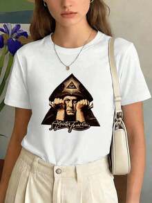 100% Cotton. Women's T-Shirt With Eye Triangle Print, Autumn, Premium Cotton, Graphic Design, Casual, Breathable, New Arrival. Women's Simple Solid Color T-Shirt, Loose And Slim Fit Casual Short Sleeve - 白色的 - 查看 1