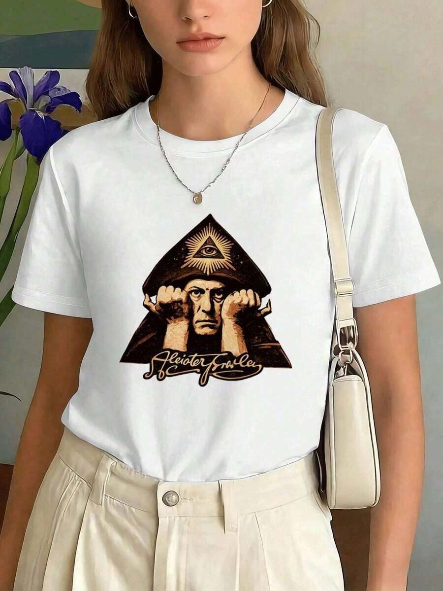 100% Cotton. Women's T-Shirt With Eye Triangle Print, Autumn, Premium Cotton, Graphic Design, Casual, Breathable, New Arrival. Women's Simple Solid Color T-Shirt, Loose And Slim Fit Casual Short Sleeve - 白色的 - 查看 1