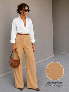 Striped Tailored Wide Leg Pants - Khaki - View 3
