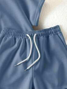 Conjunto casual diario de top de manga corta de cuello redondo de unicolor y shorts con cordón en la cintura para mujer - Niebla azul - Ver 3
