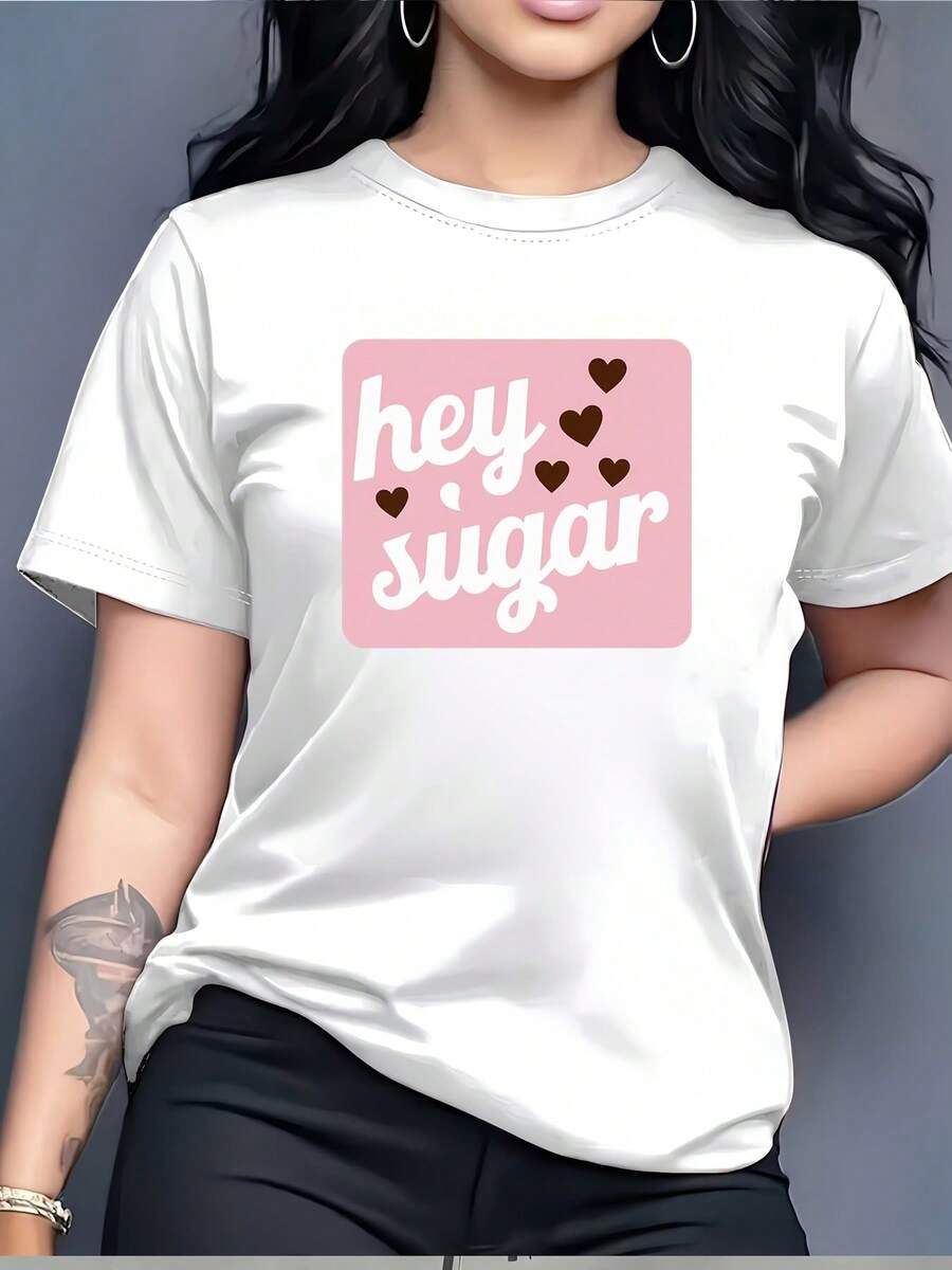 Women's 180G 'Hey Sugar' Graphic T-Shirt - Perfect For Family Outings, Corporate Events And Holiday Gifts | Lightweight And Breathable Short-Sleeved T-Shirt, Ideal For Spring And Summer Celebrations. - 白色 - 查看 1