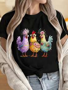 Women's And Men's T-Shirts With Round Neck And Short Sleeves, Colorful Chickens With Flowers T-Shirt, Women's Casual Short Sleeve Top, Spring Summer Fashion Graphic T-Shirt For Fun, Feminine Prints Are Suitable For Christmas, Group Sports, Holiday Activities, Festivals And Sporting Events And Other Holiday Gifts. Cool Summer Clothes For Women - 黑色 - 查看 5