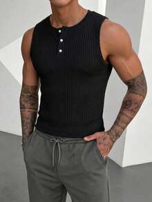 Edición de verano Camiseta de tirantes tipo henley acanalada para hombre, camisa sin mangas de ajuste ceñido y transpirable con botones de media cartera - Negro - Ver 3