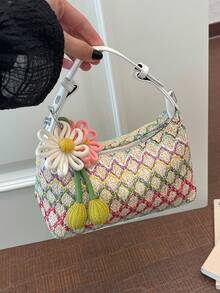 Bolso de mano de piel de serpiente sintética tejida de unicolor de cuero de PU, estilo minimalista, de moda y versátil, viene con un dije de patrón aleatorio - Multicolor - Ver 7
