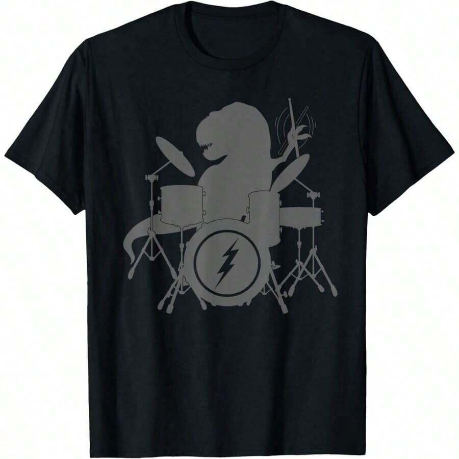 180GSM Pure Cotton T-Shirt With Funny Drummer Dinosaur T-Rex Print, Original Gift For Men, Women And Children, Breathable Cotton Fabric Design, Comfortable And Soft Knit Texture, Durable And Easy To Clean, Machine Washable, Ideal For Music Lovers. - 黑色 - 查看 1