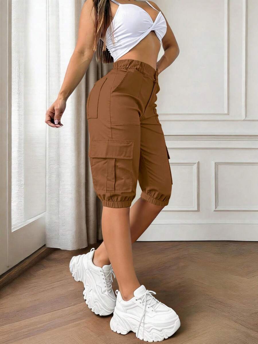 BAIQIANSHI Brown Practical Multi-Pocket Elastic Waist Cuffed Hem Casual Elegant Cute Y2K Women's Cargo Shorts, Bermuda Length, Beach Vacation, College, Daily, Back To School, Party, Graduation Season, Outing, Travel, Country Music Concert, Sports And Fitness, Airport, Teacher's Day, Thanksgiving, Spring Summer Autumn