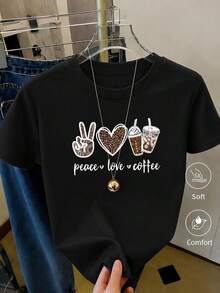 Camiseta casual estampada para mujer, de manga corta y cuello redondo, moda urbana local para primavera/verano. - Negro - Ver 12