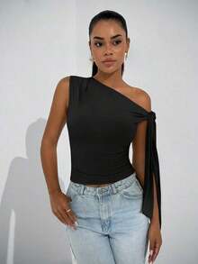 Elegante blusa de mujer con hombros asimétricos y cuello con lazo, adecuada para citas casuales, fiestas nocturnas, uso diario, otoño - Negro - Ver 1