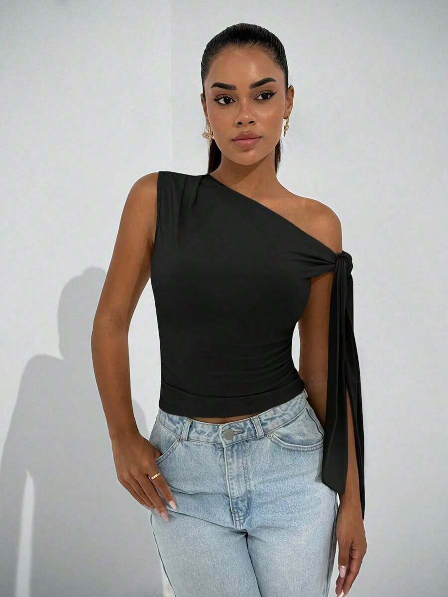 Elegante blusa de mujer con hombros asimétricos y cuello con lazo, adecuada para citas casuales, fiestas nocturnas, uso diario, otoño - Negro - Ver 1