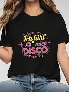 Women's T-Shirt With "DISCO Record Element" Letter Print By German Ich Fuhl Mich | Casual Short-Sleeved Crew Neck T-Shirt For Spring/Summer, Made With Medium-Stretch Fabric. Printed Short-Sleeved Crew Neck T-Shirt For Women, Local Spring/Summer Streetwear. - 黑色 - 查看 1