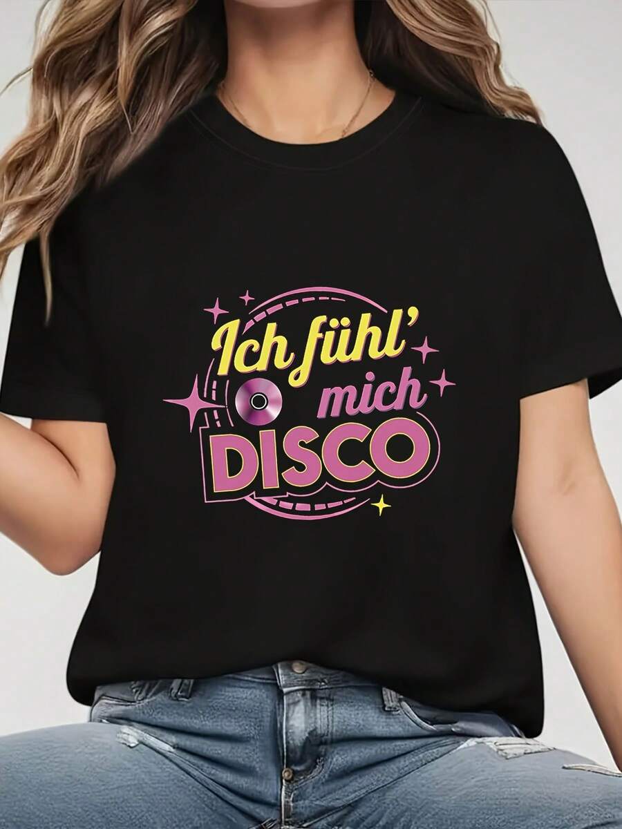 Women's T-Shirt With "DISCO Record Element" Letter Print By German Ich Fuhl Mich | Casual Short-Sleeved Crew Neck T-Shirt For Spring/Summer, Made With Medium-Stretch Fabric. Printed Short-Sleeved Crew Neck T-Shirt For Women, Local Spring/Summer Streetwear. - 黑色 - 查看 1