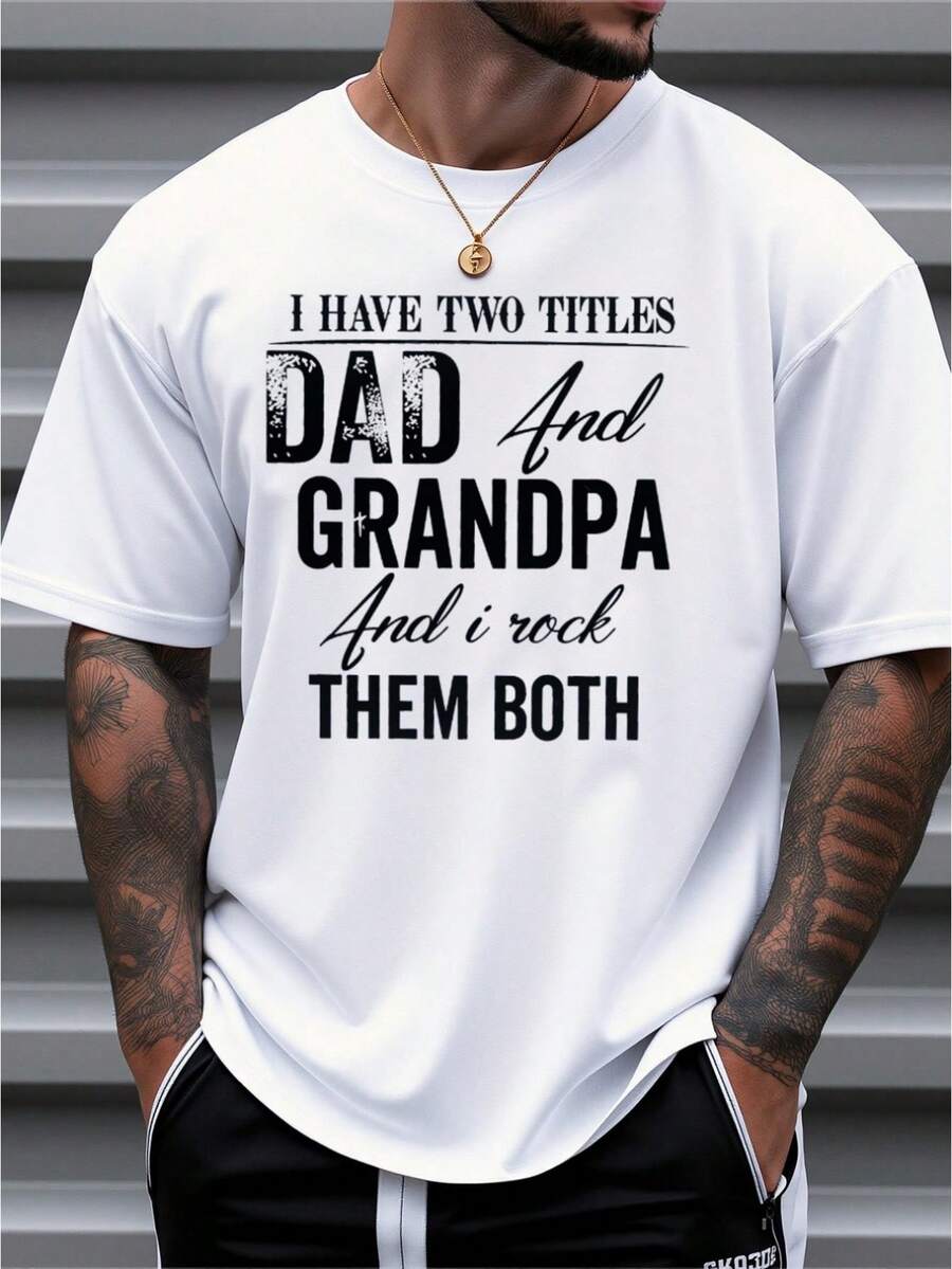 Men's T-Shirt With The Phrase "I Have Two Titles: Dad And Grandpa," A Fun Gift For Grandfathers, A Father's Day Option, Casual And Comfortable Style, Printed With Grandchildren's Names, Suitable For Dads And Grandfathers, Ideal For Annual Parties, Beach Sports, And Outdoor Wear. | Casual Wear For All Seasons, Plus Size - 白色 - 查看 1