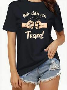 Women's Inspirational T-Shirt With The German Phrase "We Are A Team!" - Comfortable Fit, Casual Crew Neck, Short Sleeves, Featuring The Colors Of The German Flag And A Team Uniform Design, Suitable For Training, Team Activities, And Casual Wear - Casual T-Shirt Suitable For All Seasons, Size S, And Casual Use - Geo - 黑色 - 查看 7