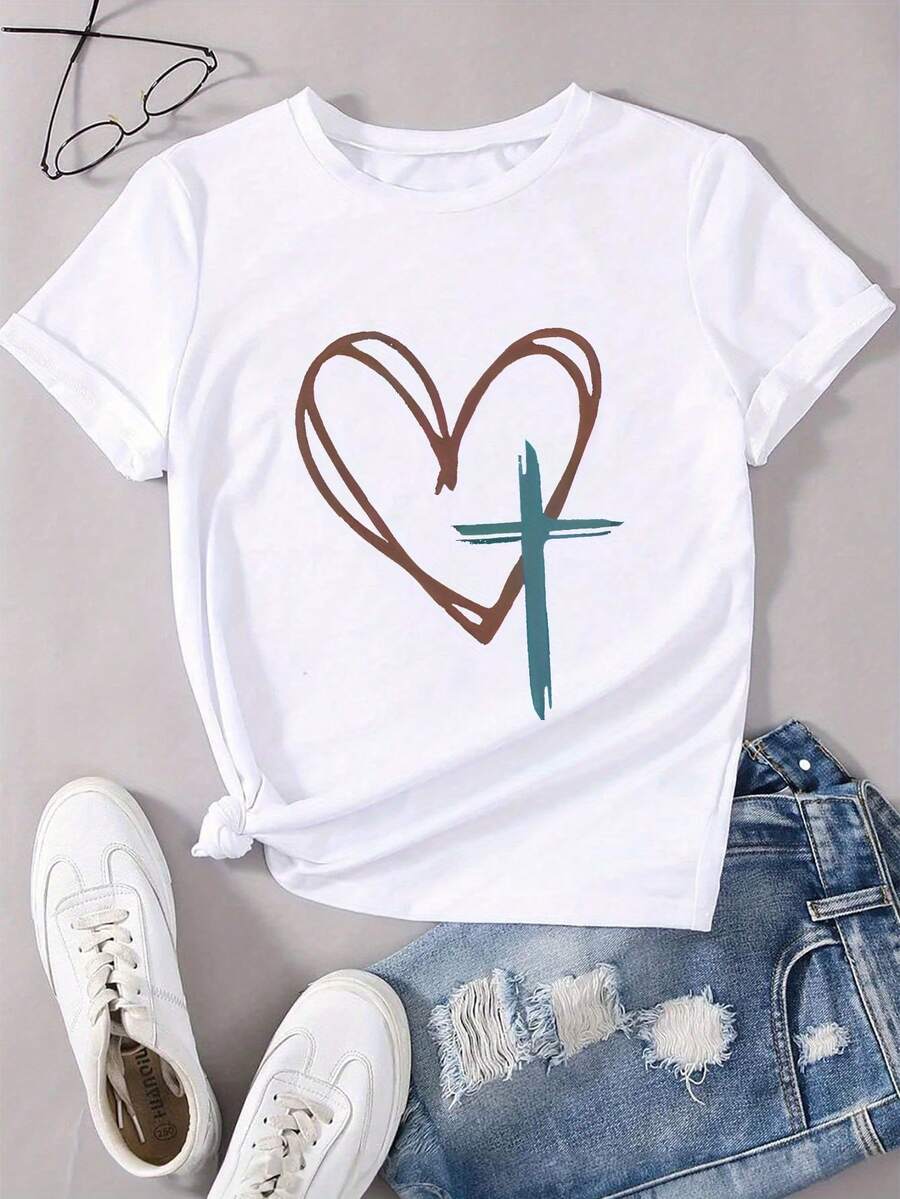 Women's Printed T-Shirt - Casual Short Sleeve Crew Neck T-Shirt In White With Tie Knot And Brown Heart And Teal Cross Graphic. With A Relaxed Fit For All Seasons, The Perfect Choice For Both Everyday Wear And Your Holiday Outfits (Machine Washable). - 白色 - 查看 1