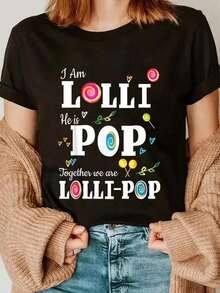 1 Piece Lolli Pop Grandparents T-Shirt - Black, Loose Fit, Short Sleeve, Round Neck, With Fun Geometric Candy Pattern Print - Unisex Casual T-Shirt, Gift Idea For Father's Day, Machine Washable, Retro Style, Comfortable Fabric, 180g, Basic Short Sleeve Round Neck T-Shirt For Women, Soft. - 黑色 - 查看 7