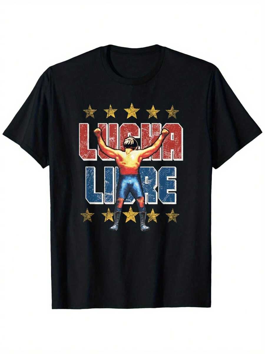 Men's Vintage Mexican Wrestling T-Shirt, 180g, Authentic Freestyle Wrestler Design, 80s Retro Loose Fit For All Seasons, Clothing For Wrestling Fans With Vintage 80s Wrestler Design. - 黑色 - 查看 1