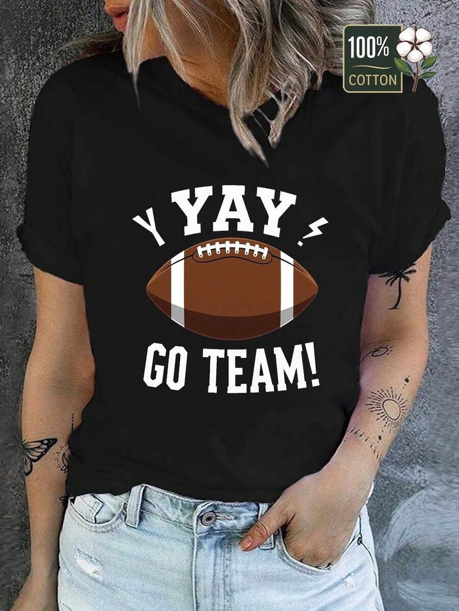 Women's Football Fan T-Shirt - Awesome! Go Team! Printed T-Shirt - Solid Color, Soft And Breathable T-Shirt, Suitable For Game Days, After-Parties, Casual Wear - With Letter Print - Casual Wear - 黑色 - 查看 1