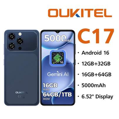  OUKITEL C17 安卓 16 解锁智能手机 2026 - 12GB+32GB，6.51 英寸水滴屏，5000mAh 电池，13MP+5MP 摄像头，八核处理器，3.5mm 耳机孔/GPS