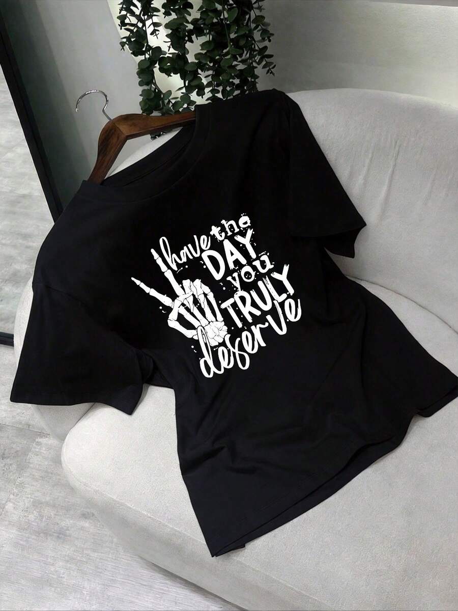 Women's Casual Crew Neck T-Shirt, Printed With The Words "Have The Day You Truly Deserve" On The Back - Soft Fabric, Suitable For Summer, Vacation And Daily Wear, Machine Washable, Paired With A Cover-Up Blouse (Not See-Through), Suitable For Both Work And Casual Outfits. - 黑色 - 查看 1