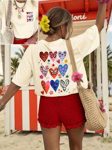 Camiseta de manga corta con cuello redondo y estampado de corazones y mariposas coloridos en la parte delantera y trasera. Camiseta estampada para mujer, estilo primavera/verano, adecuada para el uso diario, vacaciones, viajes y ropa de entretiempo para mujer. - Albaricoque - Ver 7
