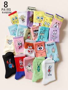 SpongeBob SquarePants 5双卡通图案袜子，包括趣味表情、章鱼、海星和条纹图案，舒适透气，休闲家居服风格 - 彩色 - 查看 14