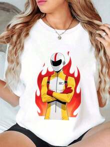 Black 100% Cotton T-Shirt With Racing Driver And Flame Print, Oversized Casual Short Sleeve T-Shirt For Women, Urban Biker Sport Streetwear, Soft And Breathable Top For Daily Wear And Outings, Plus Size Available, Boho Chic - 白色的 - 查看 7