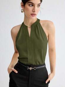 Nueva camiseta de tirantes elegante de cuello de ojo de cerradura de unicolor, versátil para el transporte urbano moderno, uso diario, retro romántico de los 90, adecuada para Navidad, Año Nuevo, San Valentín, fiesta, playa, graduación, moda, carn - Verde militar - Ver 11