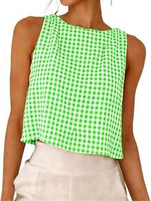 Ladies' Summer Fashionable Round Neck Sleeveless Top, Versatile Classic Double-Sided Checkered Shirt 2026 Top, Suitable For Daily Casual Wear - Màu xanh Bạc hà - Xem 1