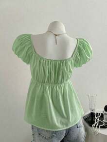 de mujer de unicolor con cuello cuadrado y manga corta, para vacaciones - Verde - Ver 2