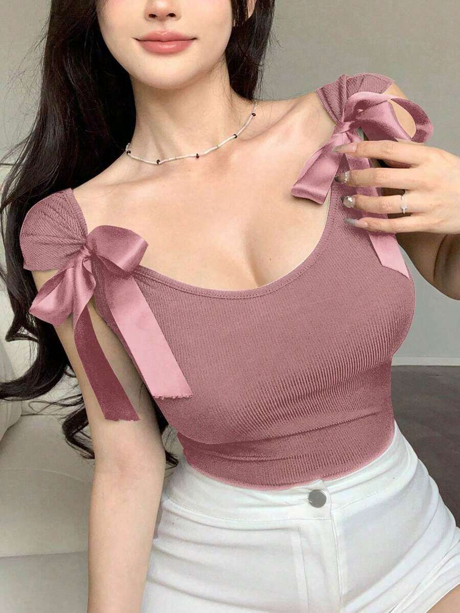 Camiseta de mujer de manga corta ajustada con lazo de espalda descubierta y cordones, de verano - Rosa coral - Ver 1