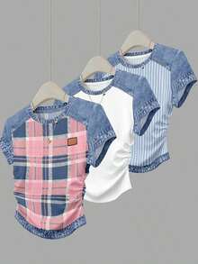 Set de 3 blusas de mujer con estampado de rayas, cuadros y gráficos, de manga corta y con efecto de cintura ceñida - Multicolor 14 - Ver 1