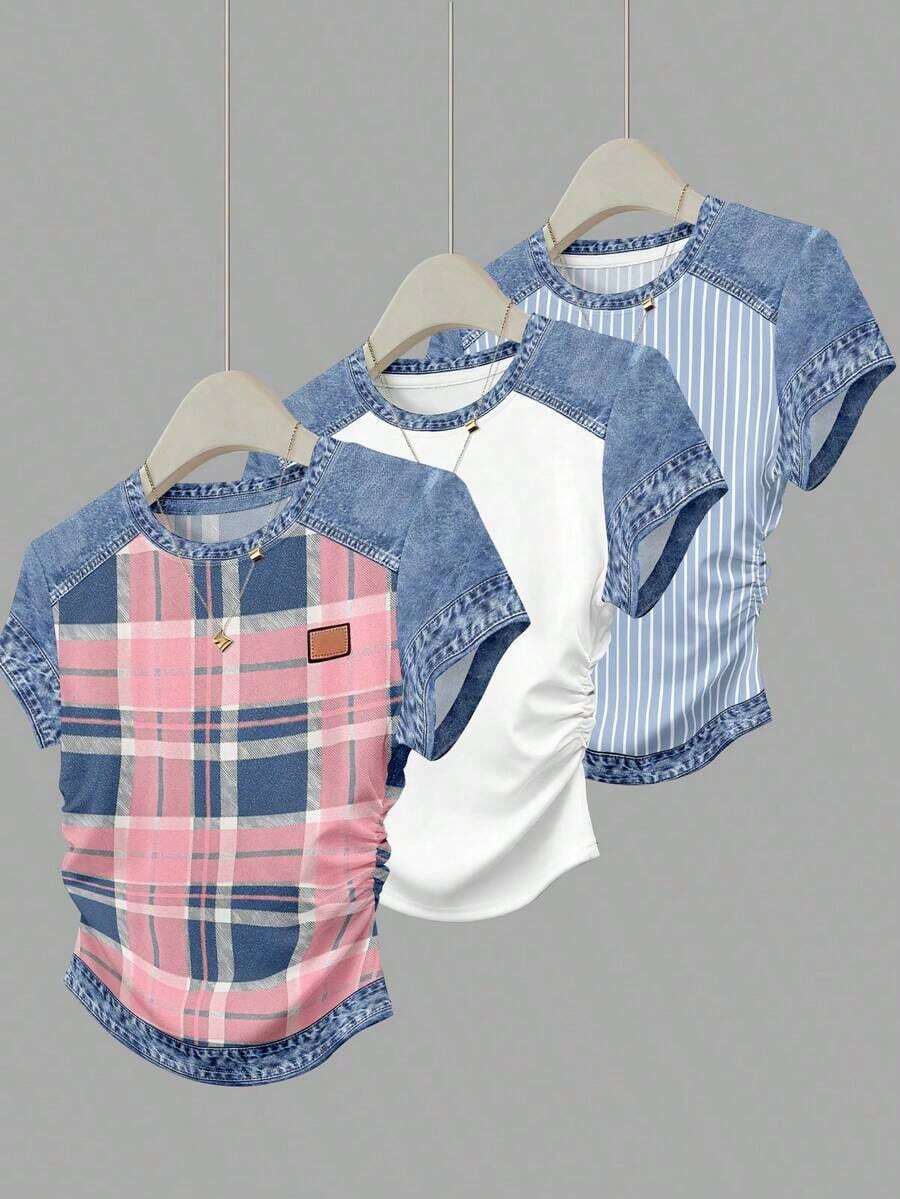 Set de 3 blusas de mujer con estampado de rayas, cuadros y gráficos, de manga corta y con efecto de cintura ceñida - Multicolor 14 - Ver 1