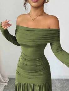 Vestido de punto ajustado de manga larga con hombros descubiertos, elegante y vintage, adecuado para otoño/invierno, Halloween - Verde militar - Ver 5