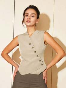 Chaleco corto de mujer de estilo casual de primavera/verano con botones diagonales, estilo de dinero viejo para negocios y ocio - Albaricoque - Ver 1