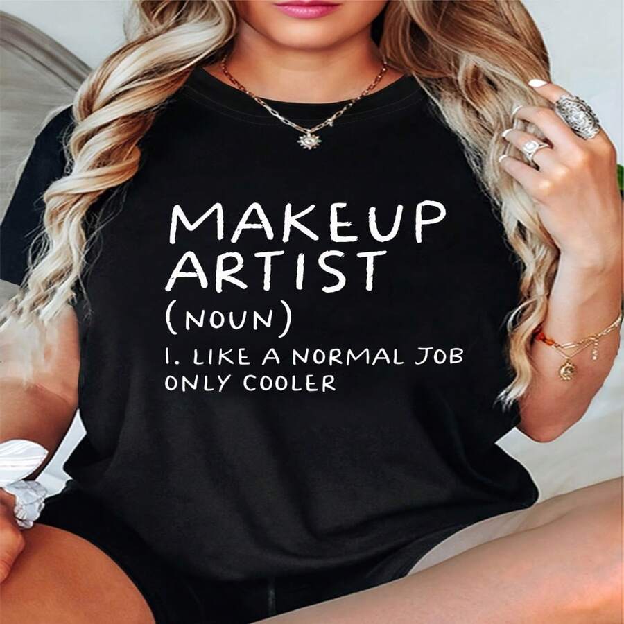 Camiseta informal de algodón de manga corta y cuello redondo con estampado de maquilladora para mujer. - Negro - Ver 1