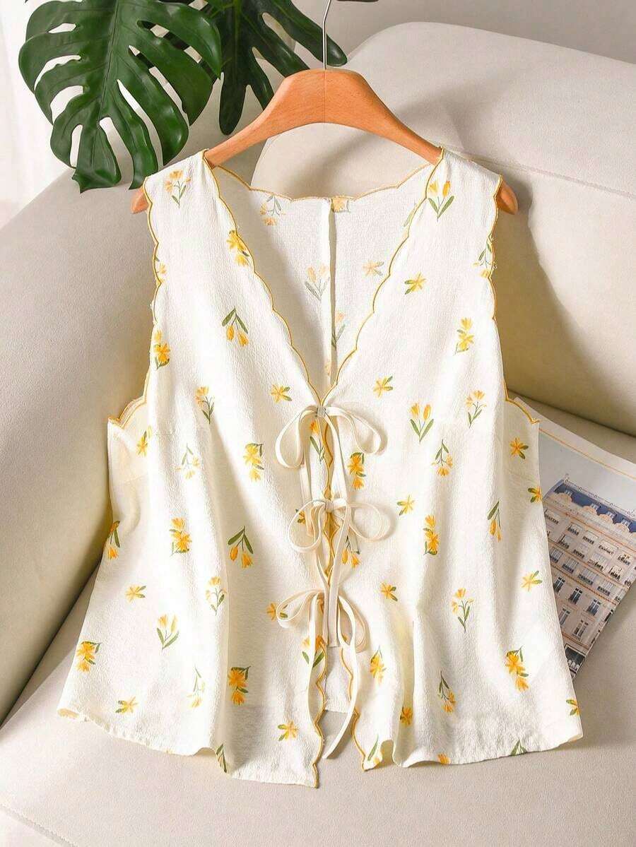 Camisa/chaleco sin mangas de talla grande con estampado casual, textura, calado, bordado y detalle de lazo - Amarillo claro - Ver 1