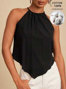 Top de tirantes tejido con estampado de vacaciones para mujer - Negro - Ver 1