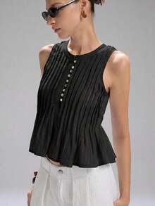 Nuevo Llegado 2025 Mujer Blusa sin mangas de lino con volante en la cintura, Estilo casual simple, Vacaciones - Negro - Ver 4