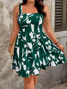 Vestido de talla grande con estampado, lazo en la cintura y decoración para mujeres de vacaciones - Verde Oscuro - Ver 5