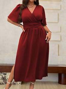 Vestido maxi de verano para mujer talla grande, de manga corta con volantes y cuello en V de un solo color - Burdeos - Ver 3
