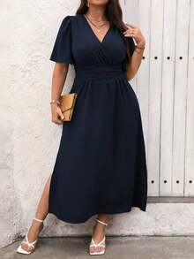 Vestido maxi de verano para mujer talla grande, de manga corta con volantes y cuello en V de un solo color - Azul marino - Ver 3