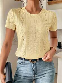 Camiseta blanca de cuello redondo con bordado de ojales, minimalista para ir a la oficina, estilo antiguo y sencillo - Amarillo claro - Ver 10