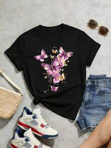 Women's Soft And Casual Short-Sleeved Crew Neck T-Shirt With A Purple And Gold Butterfly Graphic Print, Perfect For Spring And Summer Outfits. Black. - 黑色 - 查看 5