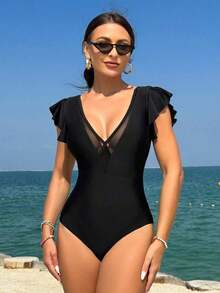 Swim Vcay Traje De Baño De Una Pieza Para Mujer Con Ribete De Volantes - Negro - Ver 5