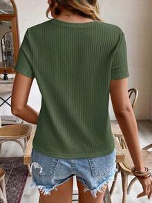 de manga corta para la primavera y el verano con cuello redondo y unicolor en tela texturizada para uso casual - Verde Oscuro - Ver 2