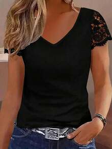 Camiseta de manga corta con parche de encaje en color liso, versátil y casual - Negro - Ver 1