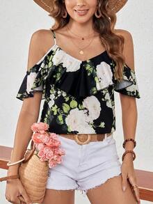 Camiseta de tirantes con cuello con volantes y estampado floral para vacaciones - Negro - Ver 6