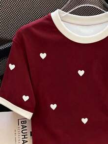 Camiseta casual versátil de manga corta con cuello redondo y estampado de corazón para mujer de talla grande - Blanco 2 - Ver 4