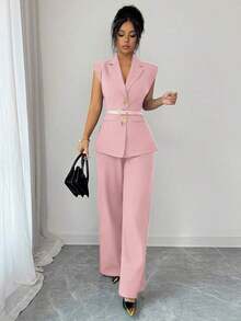 Conjunto de blazer de unicolor con decoración de hebilla metálica y bolsillo falso + pantalones rectos de cintura alta y sueltos, estilo vintage francés elegante para oficina, viajes, negocios, casual, citas, primavera/verano - Rosa - Ver 7