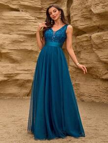 Vestido de dama de honor formal de línea A con escote en V sin mangas, bordado y de malla, vestido de fiesta elegante, vestido de invitado de boda formal, vestido de ceremonia de graduación, vestido de noche de primavera - Agua verde azul - Ver 3